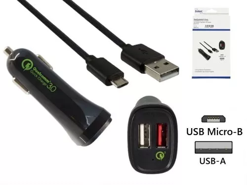 USB KFZ Q3 Charger, Ladeadapter+microUSB Kabel, Ausg. 1: 5V 2,4A; Ausg. 2: 5V/3A, 9V/2A, 12V/1,5A, schwarz, DINIC Box mit Euroloch, 1m